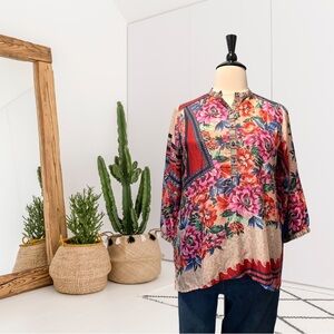 Johnny Was Window Lin Floral Embroidered Trim Silk Top